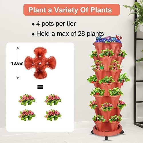 GameXcel Vertical Planter Tower - 7 Tier Stackable Garden Planters with Wheels and Garden Tool Set Plant Pots for Strawberry Herb Flower and Vegetable Indoor Outdoor Use Red