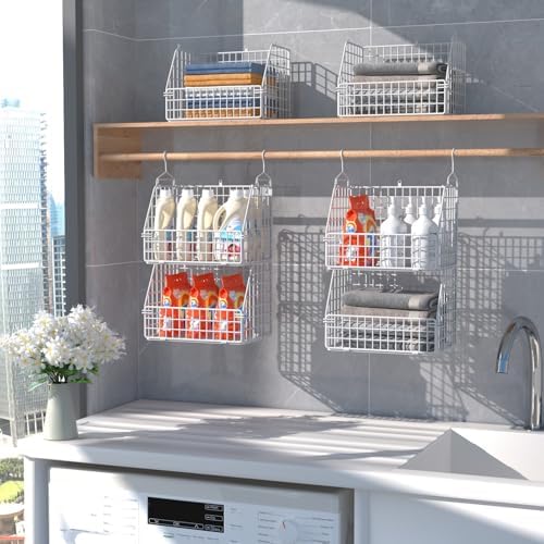PUPPYCUTE Hanging Closet Organizer and Storage, Clothes Hanging Shelves Wire Baskets for Clothing Sweaters Purse Handbags Shoes White 3 Tier