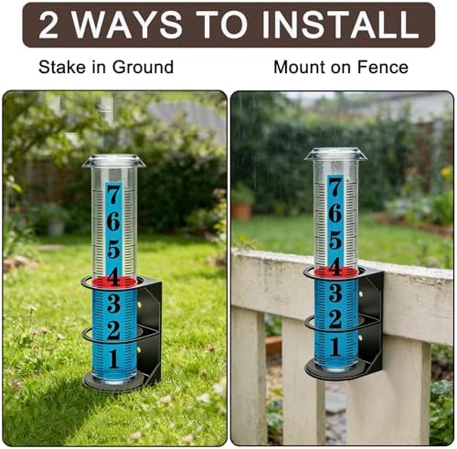 Rain Gauge Outdoor, Accurate Rain Gauges Outdoors Best Rated with Metal Rack Holder, Water Rain Meter with Thickened Plastic Large Font Tube for Yard, Easy to Read with Red Float