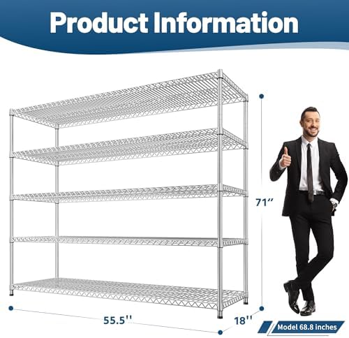 REIBII 55.5" W Storage Shelves 3200LBS Metal Shelving 5 Tier Wire Shelving Garage Shelving Heavy Duty Metal Shelves for Shelving Unit Commercial Adjustable Shelf, 55.5" W X 18''D X 71" H，Chrome,2P