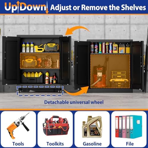 GAIOUS 35'' Tall Metal Storage Cabinet with Lock and Wheels, Steel Office Cabinet with 2 Door and 2 Adjustable Shelves, Lockable File Cabinet, Garage Cabinet, Rolling Cabinet for Home Office, Black