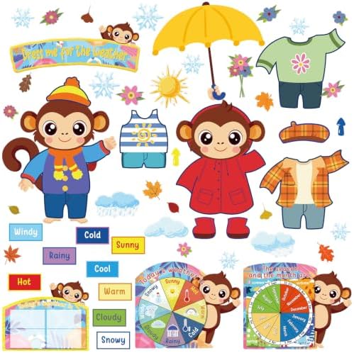 Ireer 56 Pieces Weather Bulletin Board Set for Preschool 12 x 8'' Animal Weather Chart for Classroom Dress up Seasonal Bulletin Board Cutout for Wall Blackboard Decorations(Monkey)