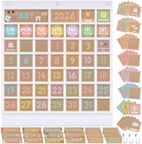 Sinload Classroom Calendar Pocket Chart White, Rustic