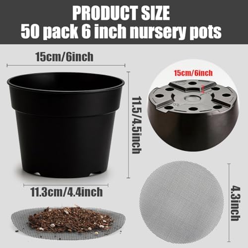RooTrimmer 50 Pack 6 Inch Nursery Pots, Plastic Flower Pots, Thick Plant Pots with Drainage Hole for Planting Outdoor/Indoor Plants Succulent Herb (Black)