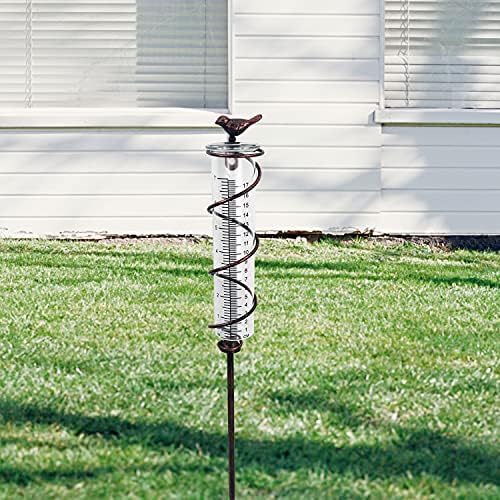 JOYBee 7inch Capacity Glass Spiral Rain Gauge,Cast Iron Bird Hanging Rain Gauge,Garden Rain Water Meter Measuring with Metal Frame,Decoration for Outdoor Garden Lawn Backyard