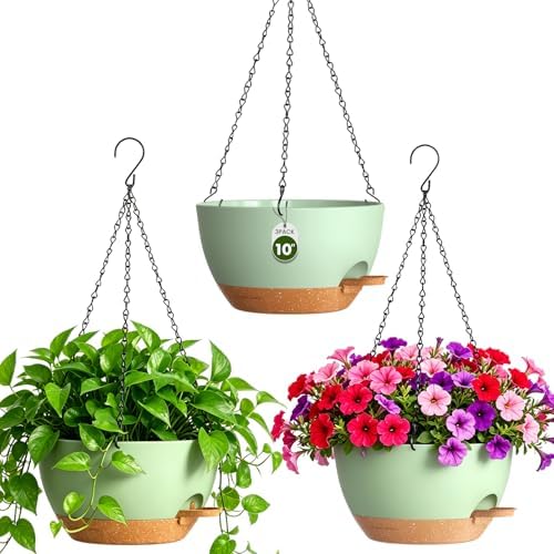 10 Inch Self-Watering Hanging Planters Set of 3 with Saucers