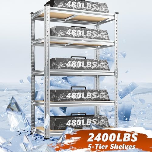 REIBII Garage Shelving, 5 Tier Storage Shelves Load 2400LBS, Adjustable Garage Shelving Heavy Duty, Metal Shelving Unit with Waterproof Columns, 35.5" W x 11.9" D x 72" H, Galvanized, 3 Pack