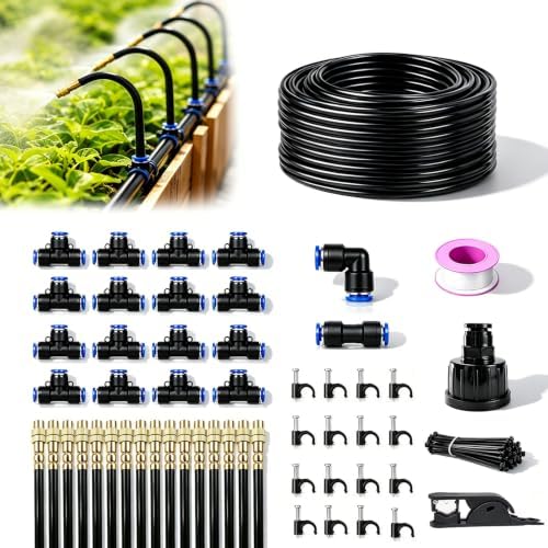 5/16" Drip Irrigation System 65 ft with 16-Pcs 360° Adjustable Copper Nozzles, Automatic Misting Watering System for Garden, Raised Beds, Greenhouse (65ft+16 nozzles)