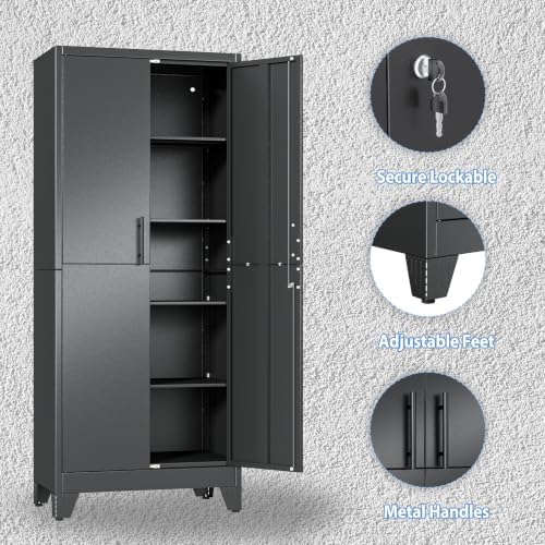 Tall Metal Storage Cabinet with Lock, 4 Adjustable Shelves, Steel Cabinet