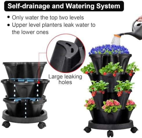 GameXcel Vertical Planter Tower - 4 Tier Stackable Garden Planters with Wheels and Tools Plant Pots for Strawberry Herb Flower and Vegetable Indoor Outdoor Use Black