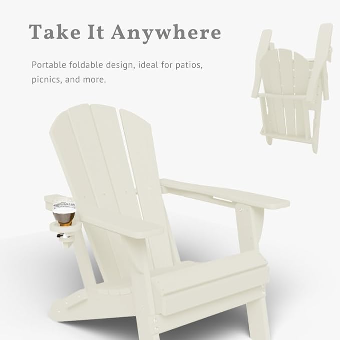 Folding Adirondack Chairs with Cup Holders, Set of 6 HDPE Plastic Outdoor Chairs, Weather Resistant, Real Wood Look, Heavy-Duty Patio Furniture for Deck, Fire Pit, Backyard, White