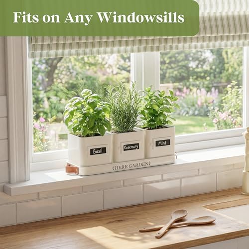 PERFNIQUE Indoor Herb Garden, Herb Planter Set with Tray, Farmhouse Indoor Plant Pots, Windowsill Herb Garden with Drainage(Planter only) for Indoor/Outdoor, Window Pots(White)