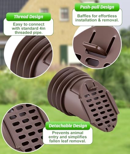 WADEO Rain Gutter Downspout Extension Hose Guard, Drain Downspout Extender Outlet Filter and Leaf Guard, for Standard 4'' Circular Threaded Hose, Brown