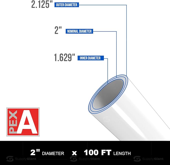 Pex-A Tubing, 2" Pipe Coil - 100 Ft, Non-Barrier, White, Flexible Water Tubing