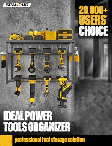 Spampur Power Tool Organizer, 8 Drill Holders Wall Mount, 3 Layer Heavy Duty Metal Storage for Garage Organization, Tools Storage with Hooks, Screwdriver Hammer Holder, Father's Day Mens Birthday Gift