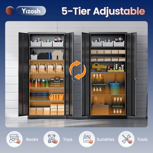 Yizosh Metal Storage Cabinet with Lock - 72" Garage Storage Cabinet with 2 Locking Doors and 5 Adjustable Shelves, Black Steel Lockable for Office,Home,Garage