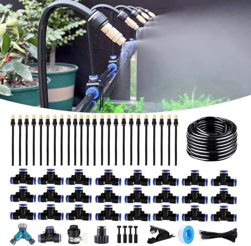 100FT Drip Irrigation Kit, Automatic Garden Watering System with Tool-Free Quick Connectors, 360° Bending Drippers & Copper Misting Nozzles for Greenhouse, Patio, Lawn & Vegetable Garden. (30M)