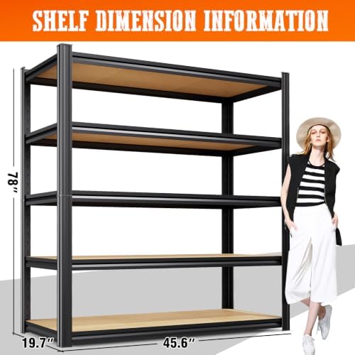 6 Pack Garage Shelving Heavy Duty Storage Shelves, Metal Adjustable Shelving Unit, Utility Garage Organizer Shelf for Basement, Pantry, Kitchen, Warehouse, 78" Hx45.6 Wx19.7 D, Black