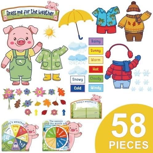 Gilprop 58 Pcs Dress for Weather Bulletin Board Set for Classroom, Piggy