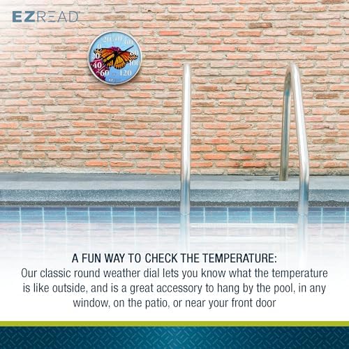 EZREAD Hanging Dial Thermometer 840-1235 Weather Thermometers for Indoor and Outdoor Use, Large 12.5 Inch Diameter, Easy to Read Numbers, Butterfly