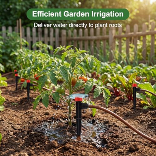 30 PCS Drip Irrigation Emitters with Stakes, 1/4 in Push-to-Connect Drippers, Adjustable 360° Water Output for Garden and Plant Watering(Color:Red)