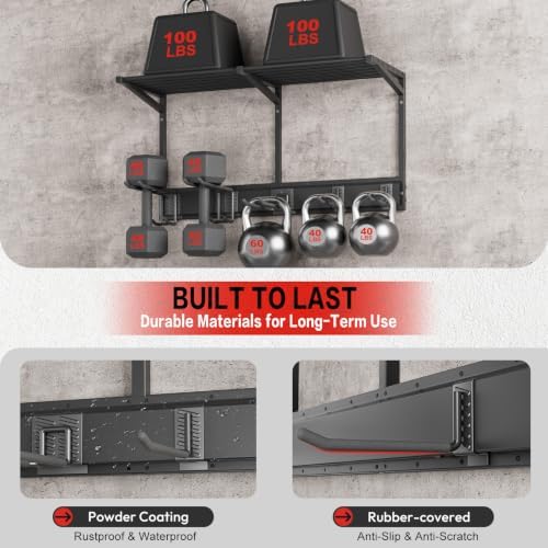 Garage Wall Organizer with Storage Shelves, 32" Garden Tool Organizer with Shelving Units and Hooks Hangers, Heavy Duty Metal Shelf with Shovel Rake Holder, Garage Organization Rack for Yard Shed Lawn