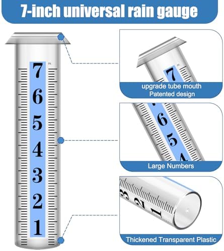 2PCS Rain Gauge Replacement Tube Plastic, Accurate Rain Gauge Outdoor, Thickened and Transparent 7" Capacity Tube with Blue Strip for Yard & Garden, 2 Rainfall Meter Tube with 1 Clean Brush