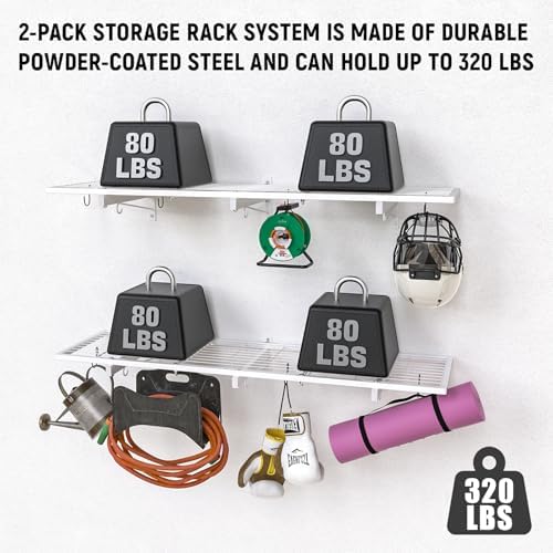 2 Pack Garage Wall Shelving, 46" x 12.5" Heavy Duty Storage Racks, Garage Shelves Wall Mounted with 8 Hooks, 320 LBS Capacity Floating Metal Shelf Organizer for Laundry Room, Basement, Workshop