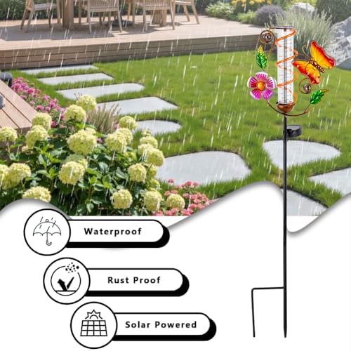 Solar Rain Gauge Outdoor, Butterfly Rain Gauges for Yard