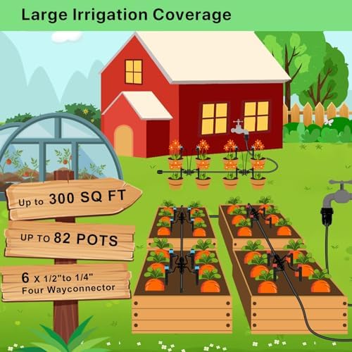250FT Drip Irrigation System for Garden - 50FT 1/2" Main Tube & 200FT 1/4" Branch Tubing, Brass Splitter, Quick Connect Design, Perfect for Outdoor Plants, Raised Beds, Greenhouses