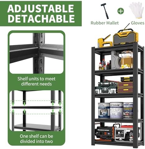 72" H Garage Shelves, Garage Shelving Heavy Duty, 2500Lbs 5 Tier Adjustable Garage Storage Shelves Suitable for Warehouse, Basement, Workshop, Kitchen, Require Assembly, 16" D*36" W*72" H(Black)