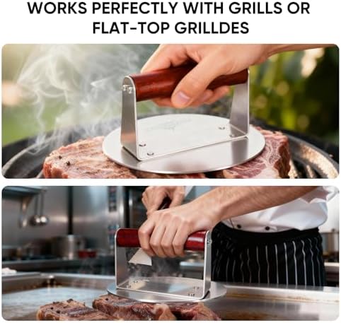 XUDAKAIXIN Stainless Steel Smash Burger Press 6.3",Hamburger Smasher Tool,BBQ Griddle Accessories for Hamburger, Steak, Meat,Perfect for Blackstone, Camp Chef, & Indoor Griddles (Round)