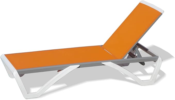 Domi Pool Lounge Chair Aluminum Adjustable Outdoor Chaise Lounge,All Weather Plastic Poolside Lounge Chair for Deck Lawn Backyard, Orange Textilene