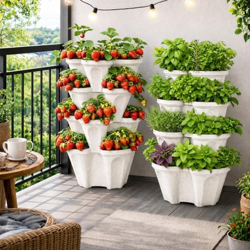 Vertical Garden Planter 4 Tier Stackable System 16 Plants, Space Saving Herb, Strawberry & Food Crop Planter with Center Support Hole for Indoor Outdoor Gardening (4, Stone, Large)