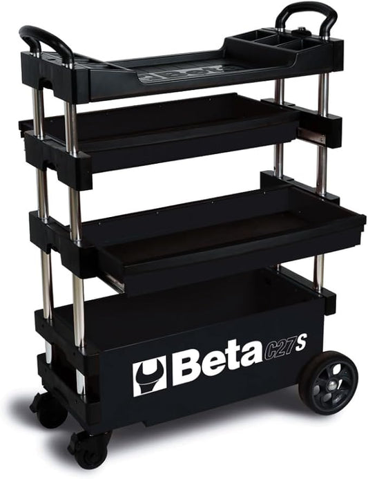 Beta C27S Collapsible Rolling Tool Cart | Heavy-Duty Mobile Metal Tool Trolley with Locking Drawers, 4” Steering Wheels, Brake System | Thermoplastic Worktop | Black
