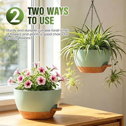 13 Inch Large Self Watering Hanging Planters 2 Pack with Saucers
