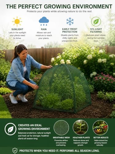 NuVue Products 25203 Pop-Up Garden Netting Animal and Bug Guard Covers with Ground Spikes, Mesh Plant Cover Tents for Pest and Animal Control, 52" x 52" x 54"