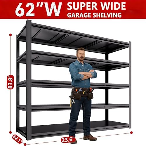 Extra Large 84" Hx 62.12" Wide x 24" D Adjustable Industrial Metal/Steel 5-Shelf-Storage-Rack Heave Duty Utility Tall Garage/Warehouse Shelving Shelves Unit/System for Bin/Shed, Black