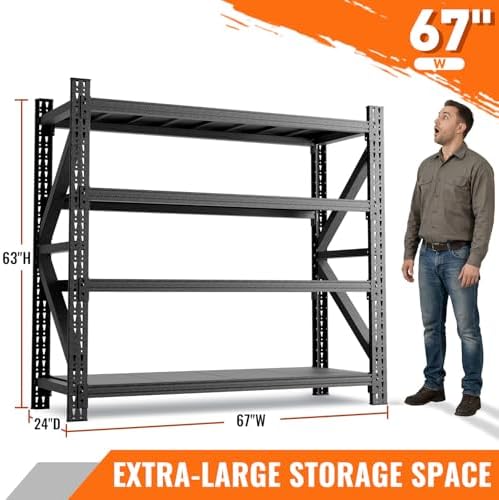 5000LBS 4 Tier Garage Storage Shelves, Heavy Duty Adjustable Storage Rack for Warehouse, Basement, Shop and Office, Commercial-Grade Steel Organizer, 67" W x 24" D x 63" H
