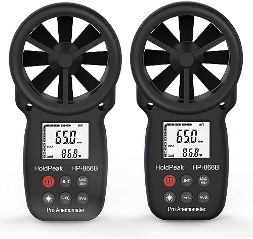 [2 PCS] HoldPeak 866B Handheld Anemometer, Digital Wind Speed Gauge Meter, Air Flow Velocity Temperature CFM Measuring Device for HVAC Outdoor Sailing Shooting Golf