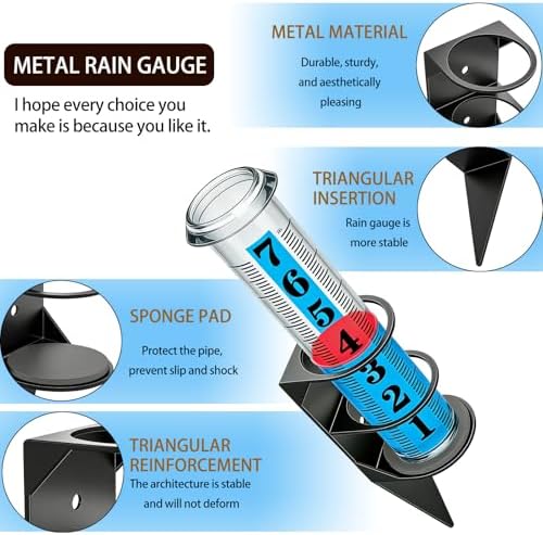 YZDTECH Rain Gauge Outdoor, 7" Easy to Read Rain Measure Gauge with Red Float, Rain Gauges Outdoors Best Rated with Metal Rack Holder, Large Freeze Proof Plastic Replacement Tube for Yard Garden