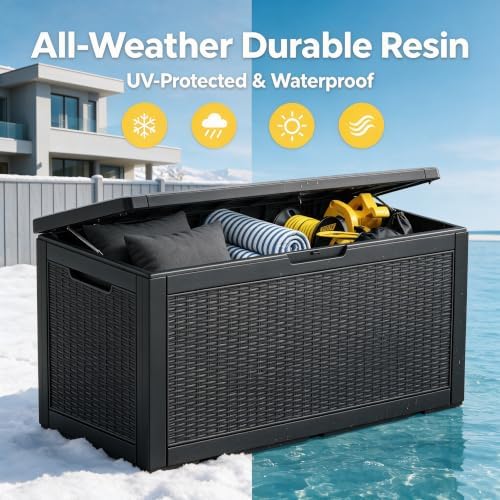 120 Gallon Deck Box,Lockable Outdoor Storage Box Gas Lift,Waterproof Black
