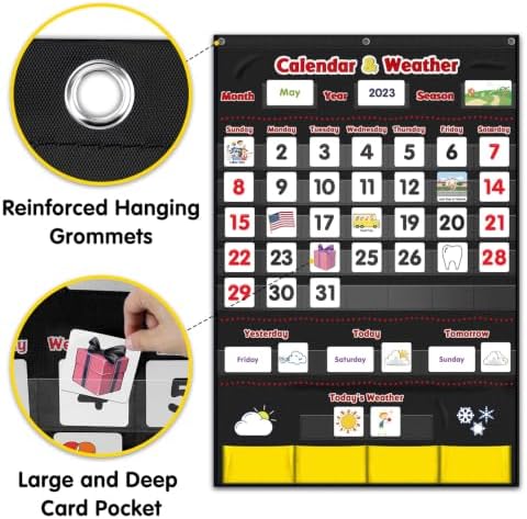 Calendar and Weather Pocket Chart, Classroom Organized Chart, 149 Pieces (Black)