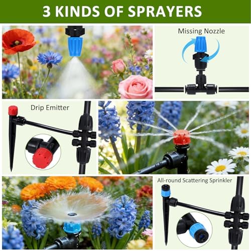 300FT Drip Irrigation System Kit, Automatic Garden Watering Misting System with 70FT1/2 inch Hose 230FT 1/4 inch Distribution Tubing and Accessories for Garden Lawn Greenhouse Plant Flower Bed