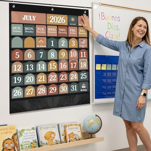 Sinload Classroom Calendar Pocket Chart Black, Modern Boho 2