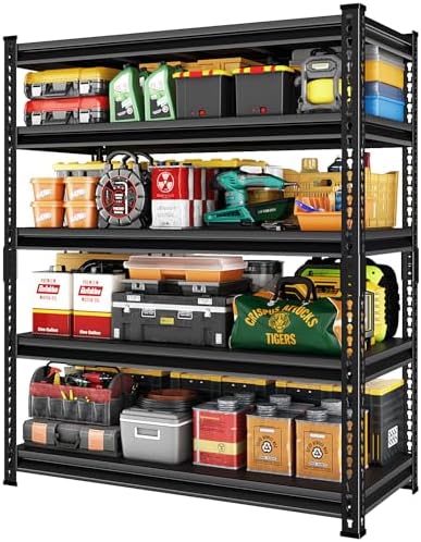 48" W Garage Shelving Heavy Duty，2500LBS Loads Adjustable Garage Storage Shelves, 5-Tier Metal Shelving Units and Storage Racks Heavy Duty, 48”W x 18”D x 78”H，Black…