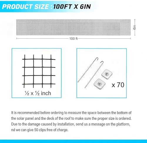 Solar Panel Bird Guard Mesh 6In x100 Ft 70 Fasteners Solar Critter Guard Solar Panel Pigeon Guard Bird proofing Solar Panel Bird mesh PVC Coated Galvanized net Pigeon Deterrent