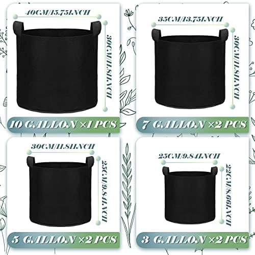 Hoolerry 7 Pack Black Plant Grow Bags Varity Sizes Thickened Non Woven Grow Bags in 4 Sizes 10, 7, 5 and 3 Gallons Aeration Fabric Pots with Handles for Garden