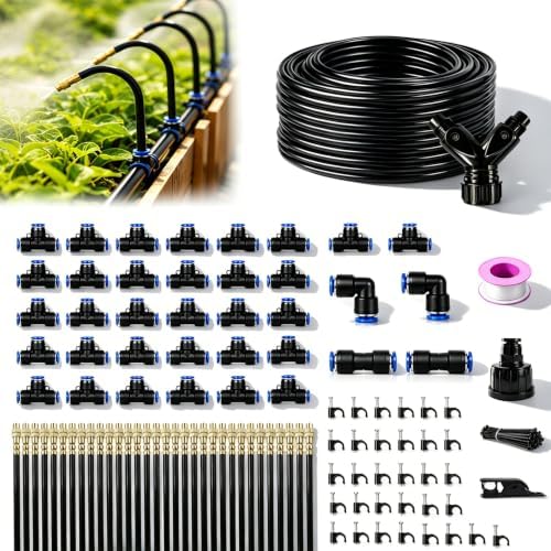 5/16" Drip Irrigation System 130 ft with 32-Pcs 360° Adjustable Copper Nozzles, Automatic Misting Watering System for Garden, Raised Beds, Greenhouse (130ft+32 nozzles)