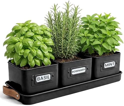 volila Herb Planter Indoor - Set of 3 Black Indoor Herb Garden Pots for Plants with Leather Handled Tray - Window Sill Plant Shelf - Herb Pots with Drainage Holes and Labels
